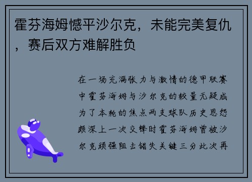 霍芬海姆憾平沙尔克，未能完美复仇，赛后双方难解胜负