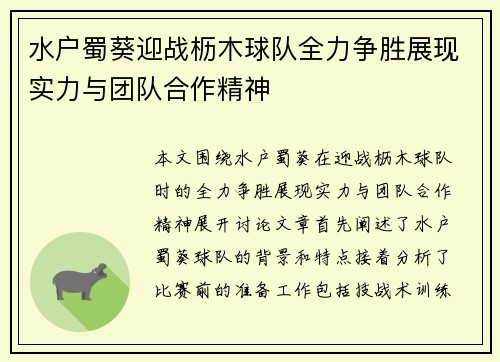 水户蜀葵迎战枥木球队全力争胜展现实力与团队合作精神