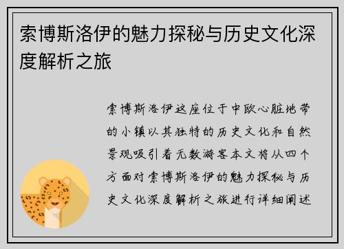 索博斯洛伊的魅力探秘与历史文化深度解析之旅