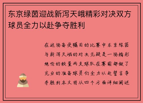 东京绿茵迎战新泻天峨精彩对决双方球员全力以赴争夺胜利