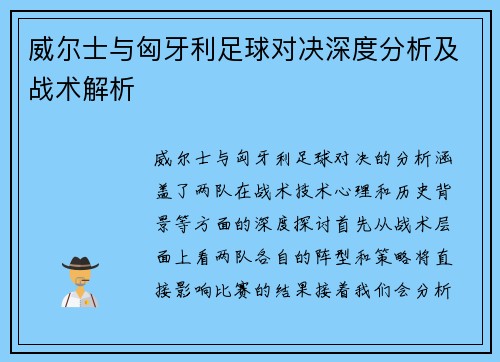 威尔士与匈牙利足球对决深度分析及战术解析
