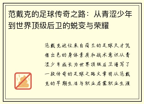 范戴克的足球传奇之路：从青涩少年到世界顶级后卫的蜕变与荣耀