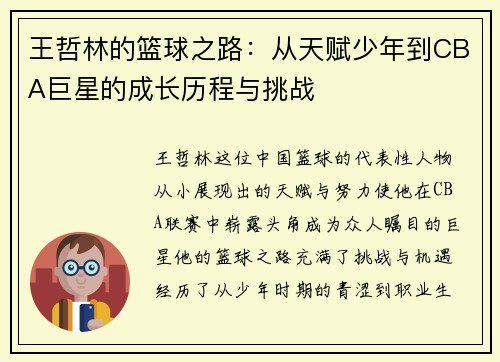 王哲林的篮球之路：从天赋少年到CBA巨星的成长历程与挑战
