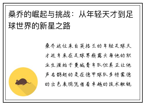 桑乔的崛起与挑战：从年轻天才到足球世界的新星之路