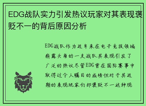 EDG战队实力引发热议玩家对其表现褒贬不一的背后原因分析