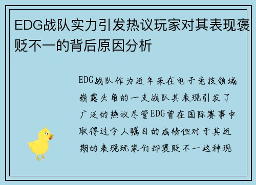 EDG战队实力引发热议玩家对其表现褒贬不一的背后原因分析