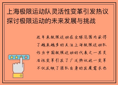 上海极限运动队灵活性变革引发热议探讨极限运动的未来发展与挑战